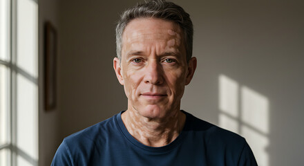 Obraz premium A portrait of a middle-aged man with vitiligo, looking directly at the camera with pride and self-assurance.