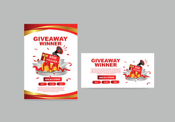 Giveaway win prizes with a gift box exploding in confetti ribbon bow podium shining star Vector illustration flyer poster social media post and banner template set design contests with prizes.
