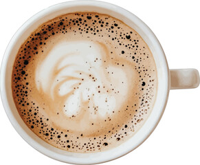 White coffee cup filled with frothy latte art beverage drink