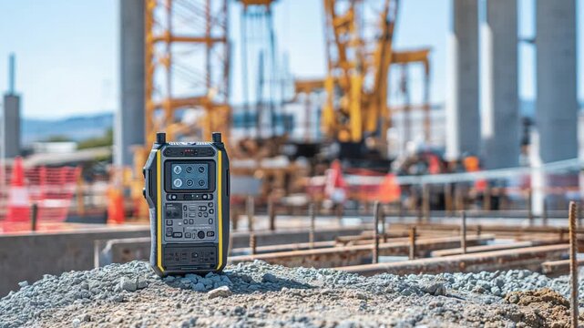 A high-tech geodesy scanner on a stable gravel base, encircled by safety barriers and steel beams, with a construction crane in the sunlit background.