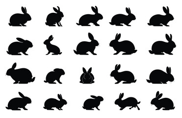 A collection of twenty black rabbit silhouettes arranged on a white background with reflections below