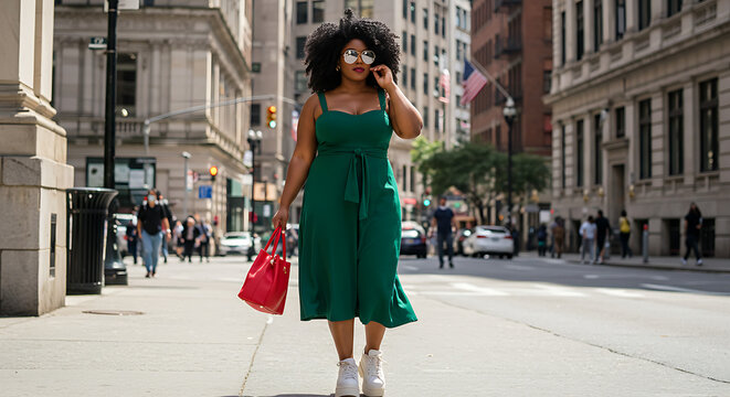 A confident plus-size woman walking through a city street wearing fashionable clothes and sunglasses.