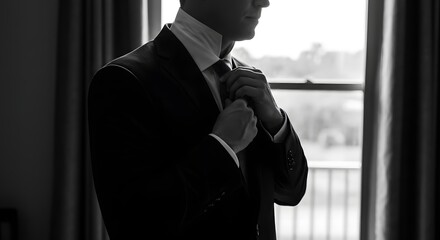 A man in a suit adjusting his tie in front of a window in a black and white photograph indoors view