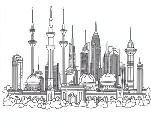 Naklejka premium Outline drawing of a city skyline with mosques and modern skyscrapers
