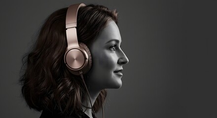 Profile view of woman with headphones listening to music in a studio with a dark background tone