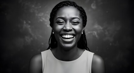 A monochrome portrait of a woman with braids smiling broadly against a dark textured background art photo