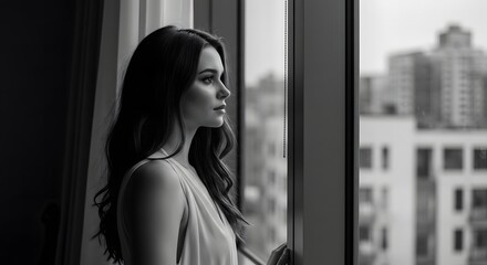 A woman gazing out the window in monochrome with cityscape view and thoughtful expression on her face