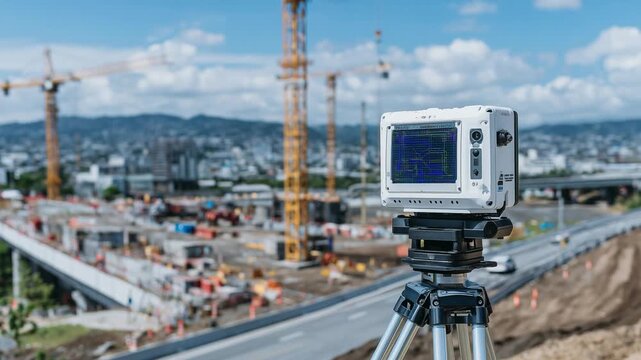 A cutting-edge surveying device on a tripod monitors city infrastructure growth, with fresh asphalt and a towering crane under a vibrant blue sky.