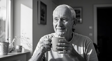 Elderly man holding a mug sitting by a window in black and white with sunlight streaming in the room
