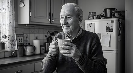 Elderly man enjoying a cup of coffee in his kitchen with a peaceful and content expression on his face