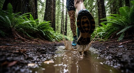 A person's foot splashes into a muddy puddle while running on a trail through a dense, wet forest.