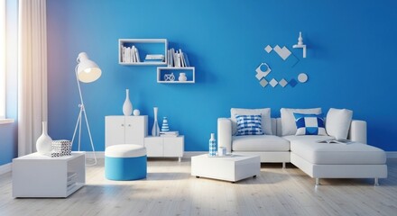 Bright Interior Featuring a Modern White Sofa, White Furniture, and Blue Accents