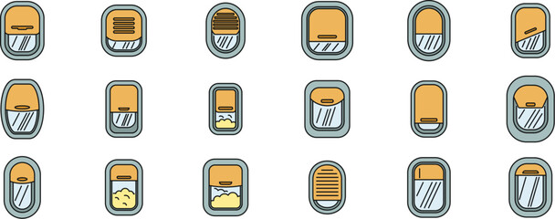 Airplane windows in different positions, open, closed, with curtains and blinds, offering a view of the sky or clouds