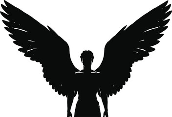 male angel silhouette with bold wings on a white background.  
