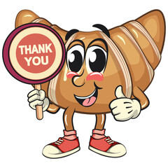 funny croissant mascot character say thank you in sneakers, cute bakery bread cartoon vector isolated illustration, work of hand drawn