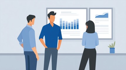 Obraz premium Three professionals engaged in a business meeting, discussing data analysis, with charts and graphs displayed on the wall, showcasing teamwork and collaboration in a modern office environment