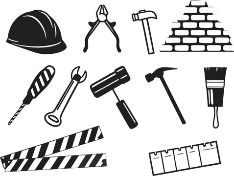 Construction tools and building materials icons hammer