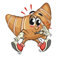 funny croissant mascot character blowing the whistle in sneakers, cute bakery bread cartoon vector isolated illustration, work of hand drawn