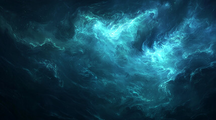 Abstract cosmic blue energy swirling in dark space, glowing nebula textures with light streaks and fluid motion.