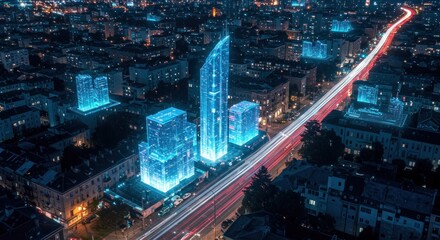 Fototapeta premium Night cityscape showcasing illuminated modern skyscrapers and a busy highway with light trails.