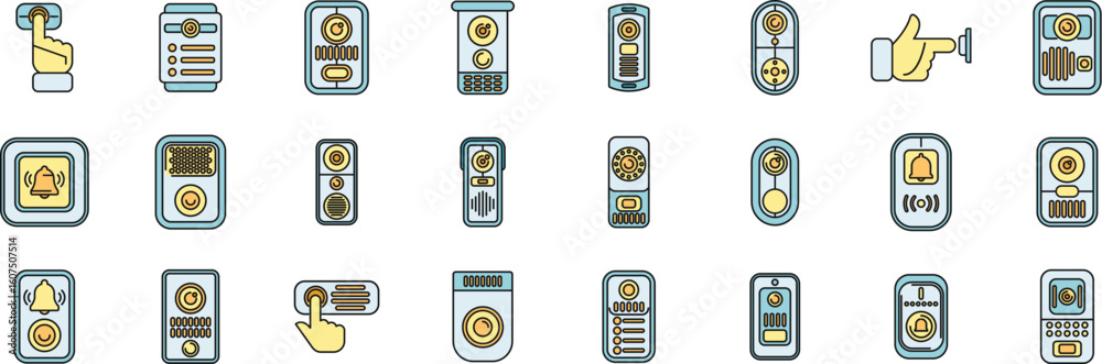 Poster intercom icons represent various devices and functions, including doorbells, communication systems, 