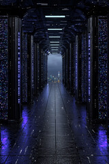 Futuristic server corridor with glowing lights leading to a distant city skyline at night.