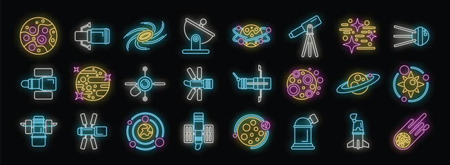 Colorful neon icons representing planets, telescopes, satellites and other spacecraft exploring the universe