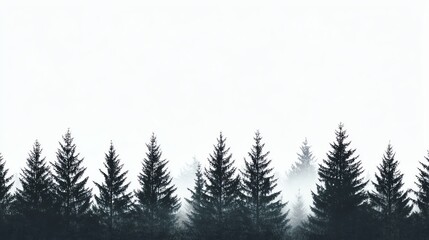 Obraz premium Silhouette of coniferous trees against a stark white sky, creating a forest edge