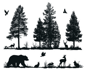 A grayscale silhouette illustration of wildlife in a forest setting with birds and various animals