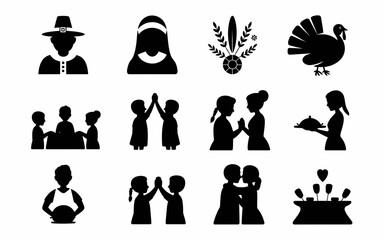 Collection of thanksgiving icons featuring pilgrims families and festive symbols silhouette isolated on white background