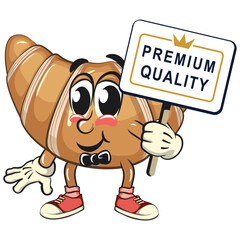 funny croissant mascot character with a sign that says premium quality in sneakers, cute bakery bread cartoon vector isolated illustration, work of hand drawn