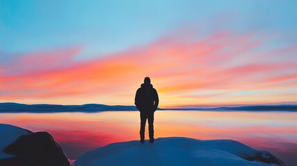 Obraz premium Silhouetted figure gazes at a serene arctic sunrise Soft pastel colors