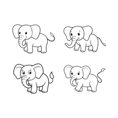 A set of cute baby elephant line art vector illustration