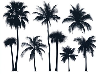 Silhouetted palm trees, various styles, on white