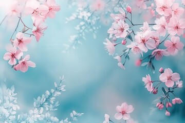 Naklejka premium A delicate watercolor painting of pink cherry blossoms on a light blue background