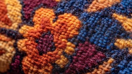 A fragment of handwoven wool tapestry, depicting abstract floral patterns in faded red, ochre, and indigo.