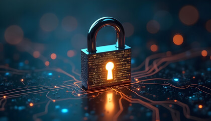 Metallic padlock digital security concept technology