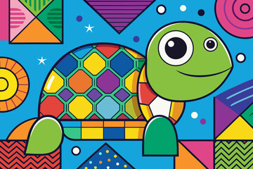 Colorful geometric turtle illustration with abstract shapes