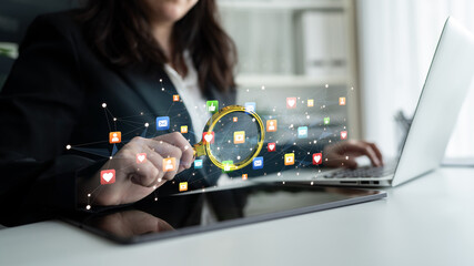 Social media interaction digital icons floating show concept of social media marketing. Online engagement, influencer marketing, and modern connection technology. Spline