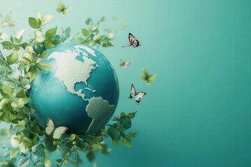 Naklejka premium A vibrant globe surrounded by butterflies and lush greenery representing environmental conservation