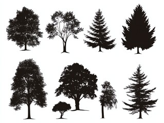Fototapeta premium Silhouettes of various trees against a white background