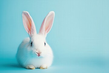 Obraz premium A fluffy white bunny with long ears sitting pretty on a pastel blue background