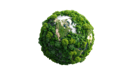 A vibrant, green sphere, resembling Earth, covered in lush foliage