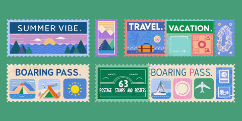Collection of Colorful Travel and Vacation Themed Postage Stamps and Posters