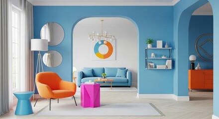 Bright Interior Featuring Modern Furniture, Including a Blue Sofa, Orange Chair