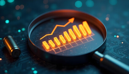Magnifying Glass Over Glowing Orange Bar Chart graph