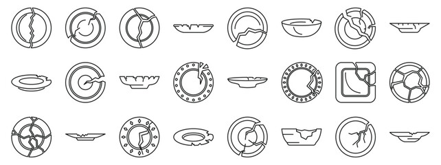 Broken plates icons set. Set of broken dishes and plates with various crack patterns, representing concepts of damage, fragility, and imperfection