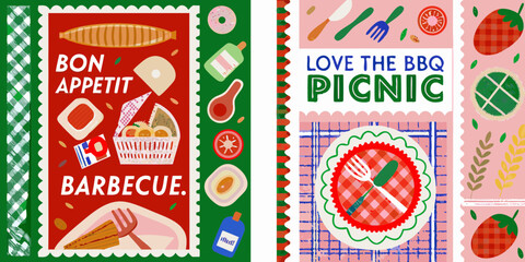 Colorful and Whimsical Picnic and Barbecue Illustration with Food and Utensils
