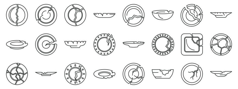 Broken plates icons set. Set of broken dishes and plates with various crack patterns, representing concepts of damage, fragility, and imperfection
