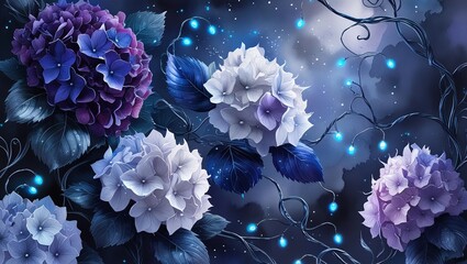 Magical Night Bloom: Artistic Arrangement of Hydrangeas and Other Flowers in a Mysterious Ambiance

